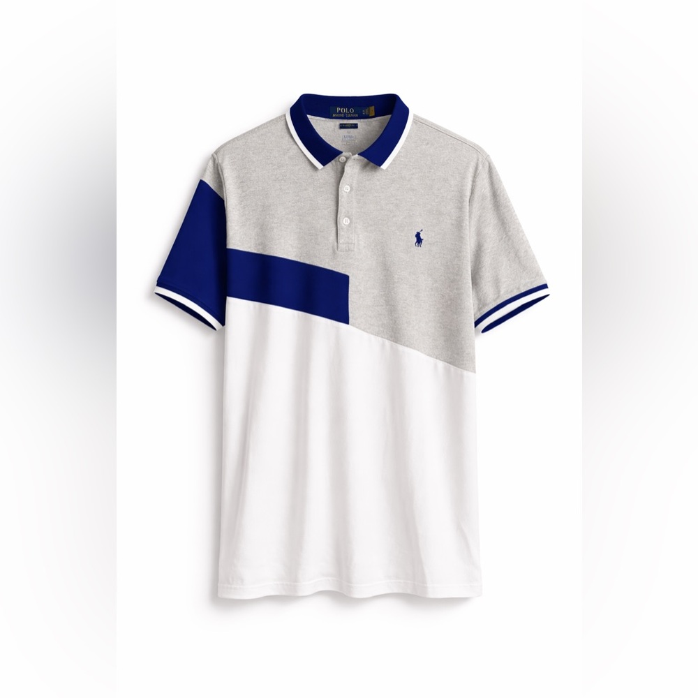 Ralph Lauren Men's Gray, Blue, and White Polo Shirt
